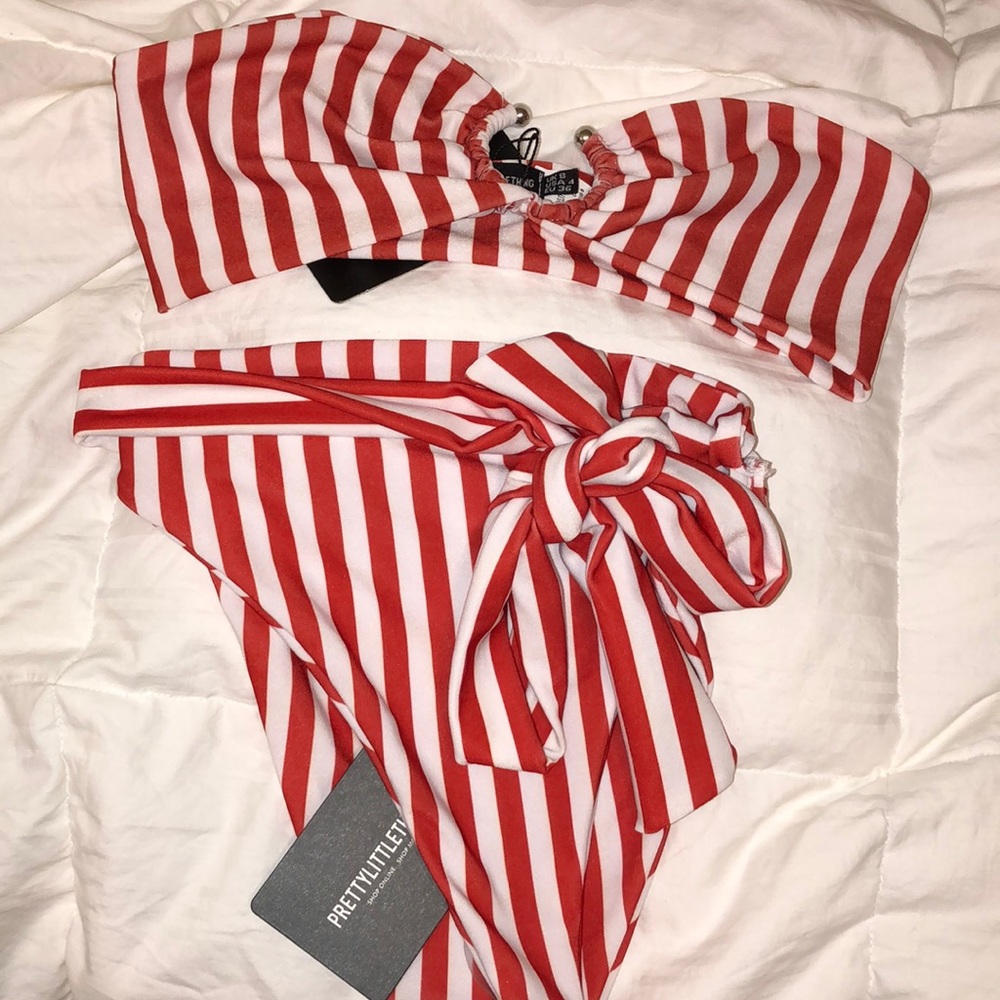 Pretty Little Thing Red striped high waist bikini